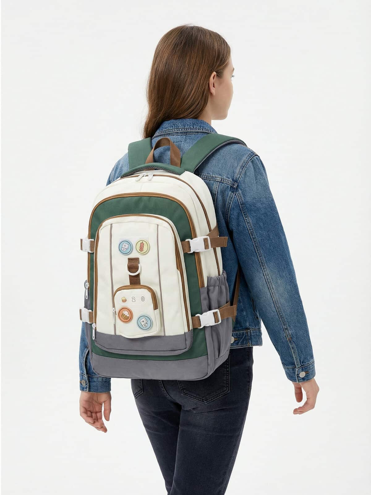 Mochila De Costas Colorblock Estilo Preppy Grande Capacidade Com Distintivos Fofos - Imagem 6