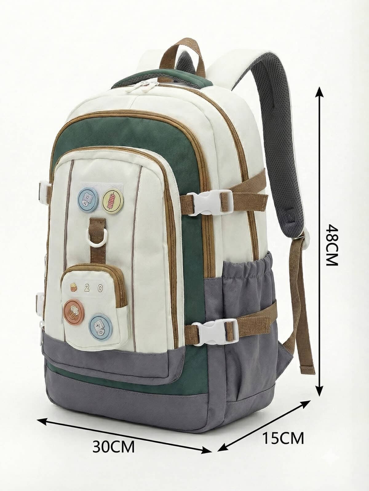 Mochila De Costas Colorblock Estilo Preppy Grande Capacidade Com Distintivos Fofos - Imagem 7