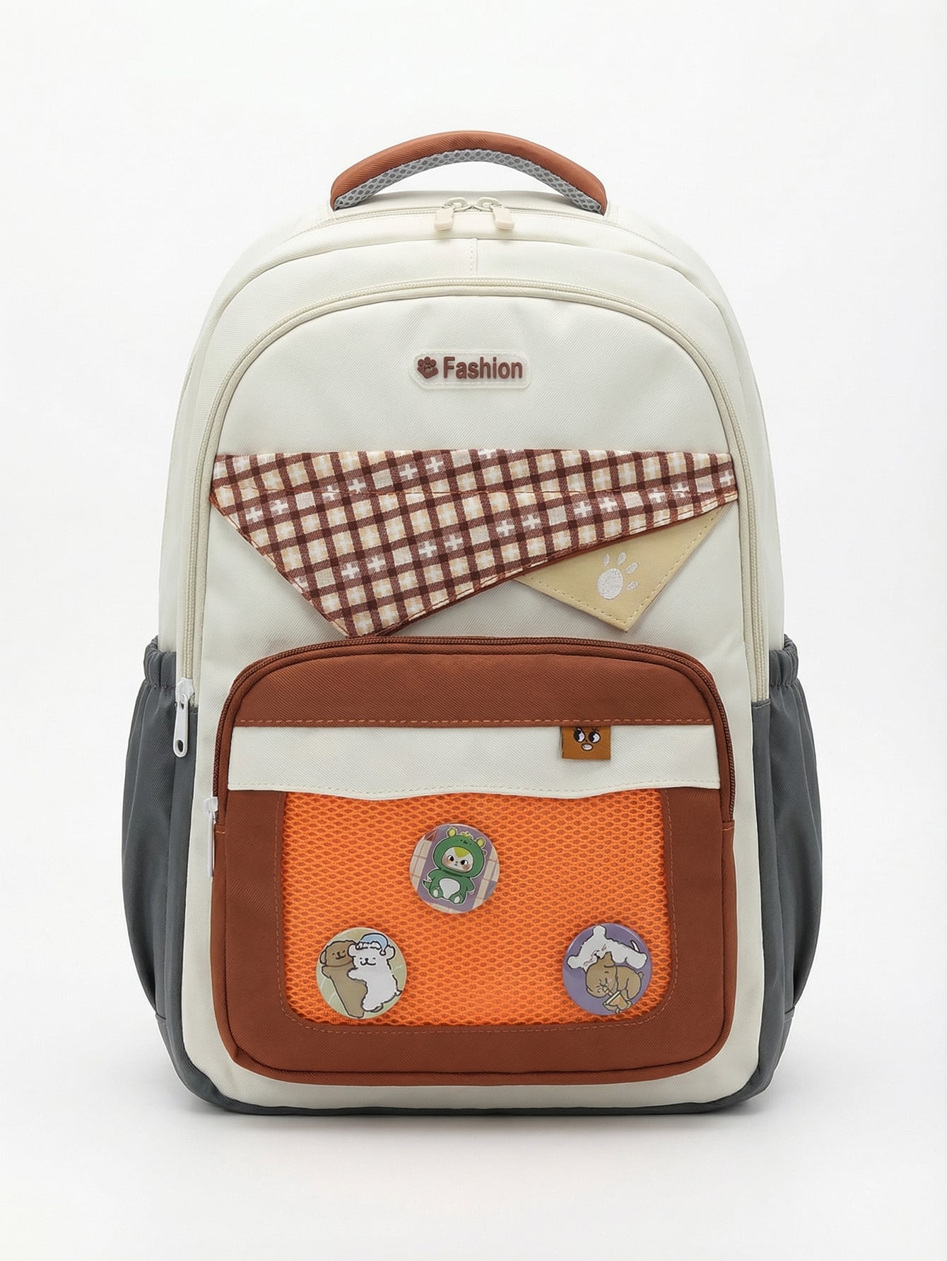 2561-Caramelo-01 Mochila Colorblock Tons Terrosos Grande Capacidade Estilo Preppy Com Distintivos - Imagem 1