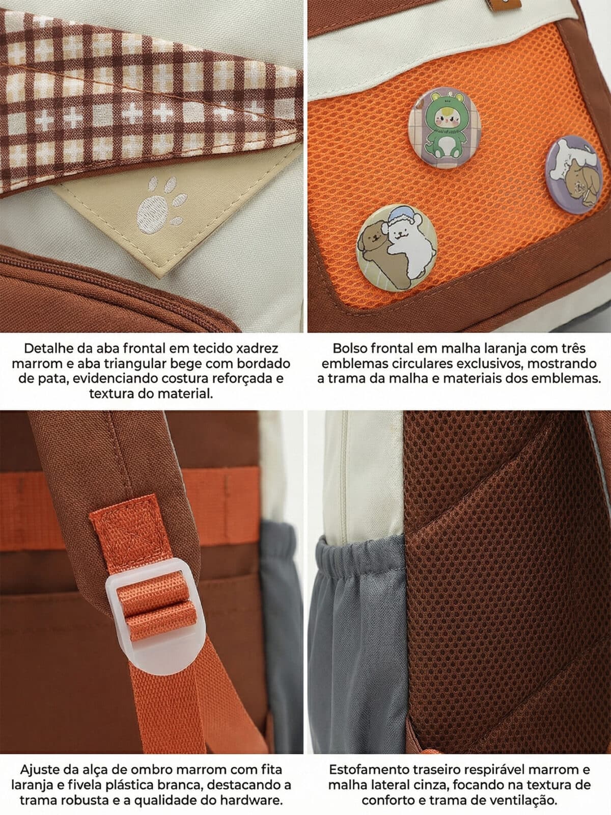 Mochila Colorblock Tons Terrosos Grande Capacidade Estilo Preppy Com Distintivos - Imagem 4