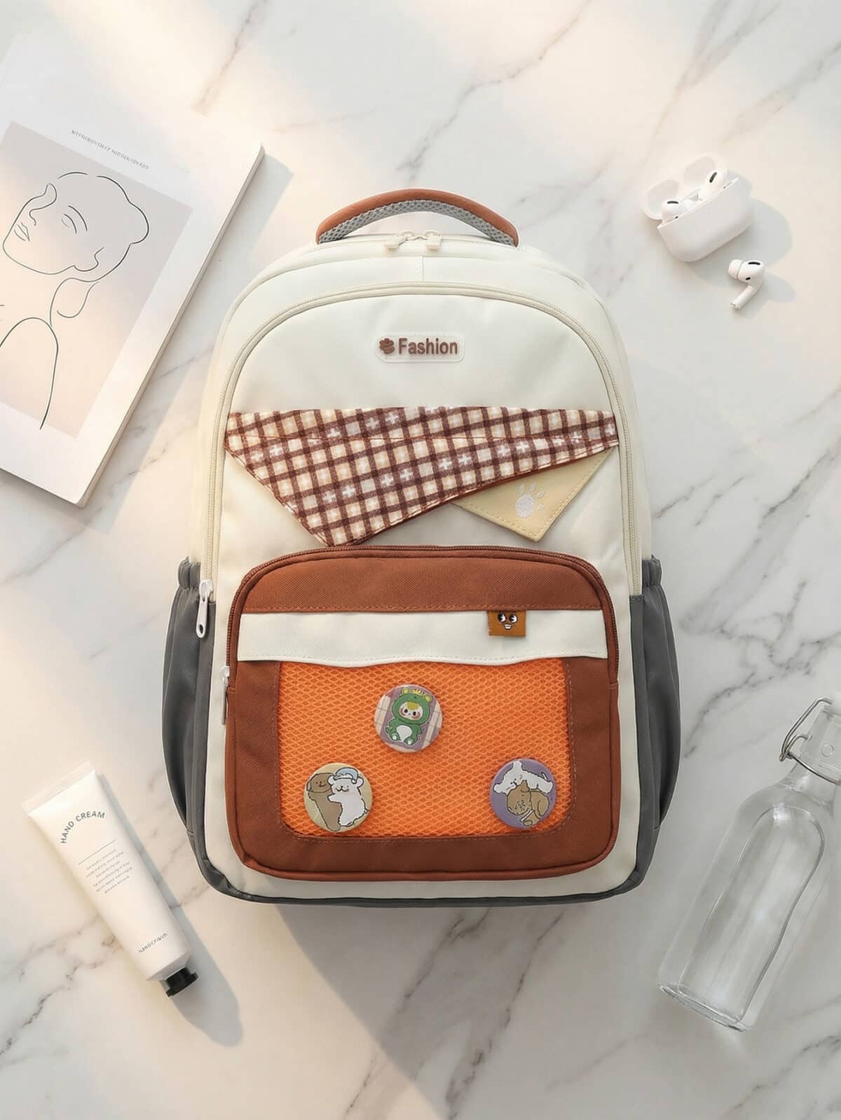 Mochila Colorblock Tons Terrosos Grande Capacidade Estilo Preppy Com Distintivos - Imagem 5