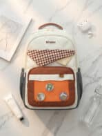 Mochila Colorblock Tons Terrosos Grande Capacidade Estilo Preppy Com Distintivos - Imagem 5