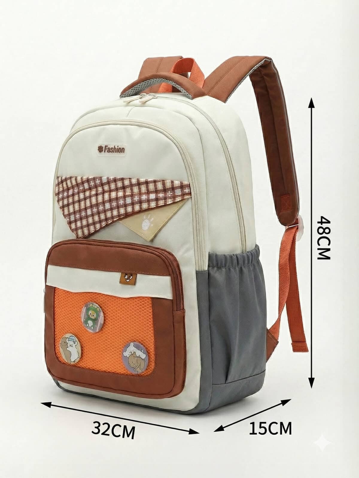 Mochila Colorblock Tons Terrosos Grande Capacidade Estilo Preppy Com Distintivos - Imagem 6