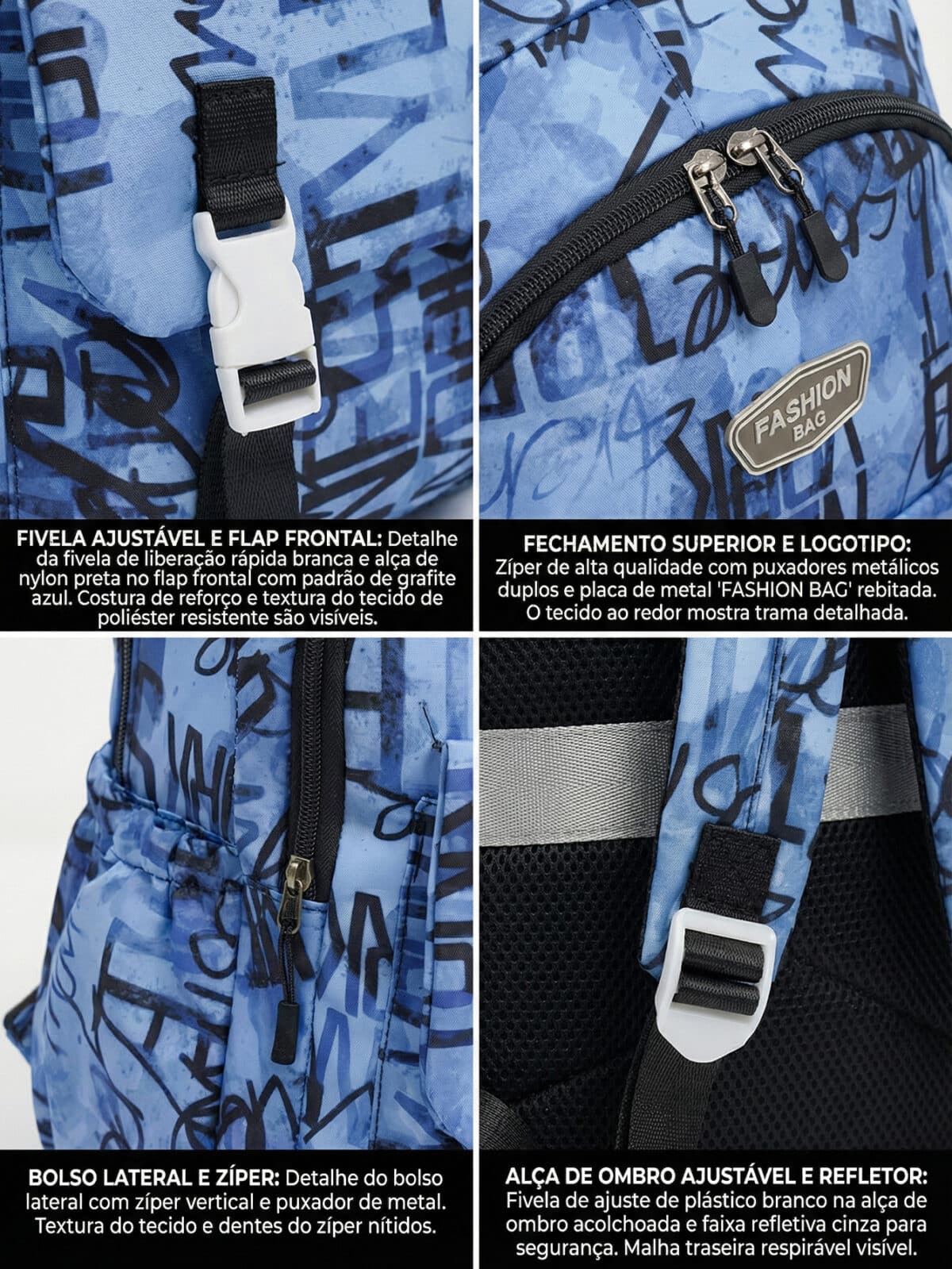 Mochila De Costas Streetwear Graffiti Lettering Grande Capacidade Com Fivelas E Faixa Reflexiva - Imagem 7