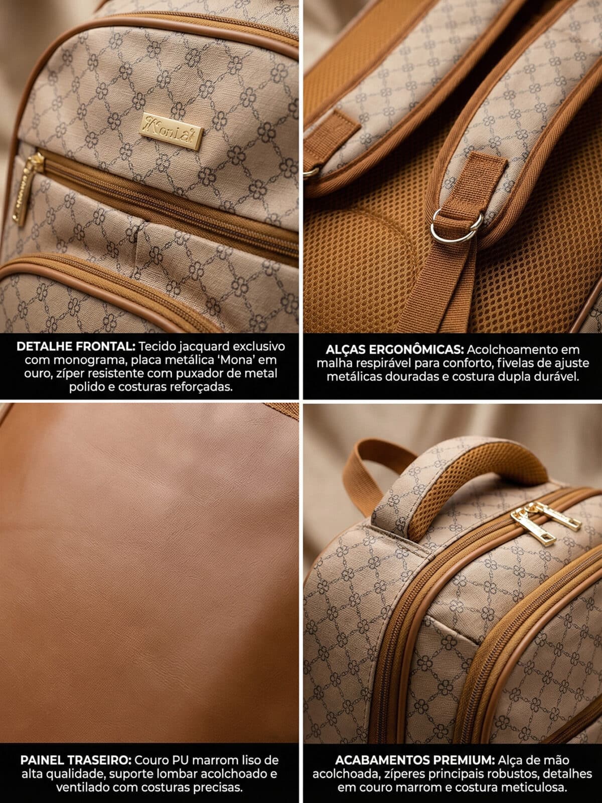 Mochila Vintage Estampa Monograma Elegante Grande Capacidade Casual Chic - Imagem 6