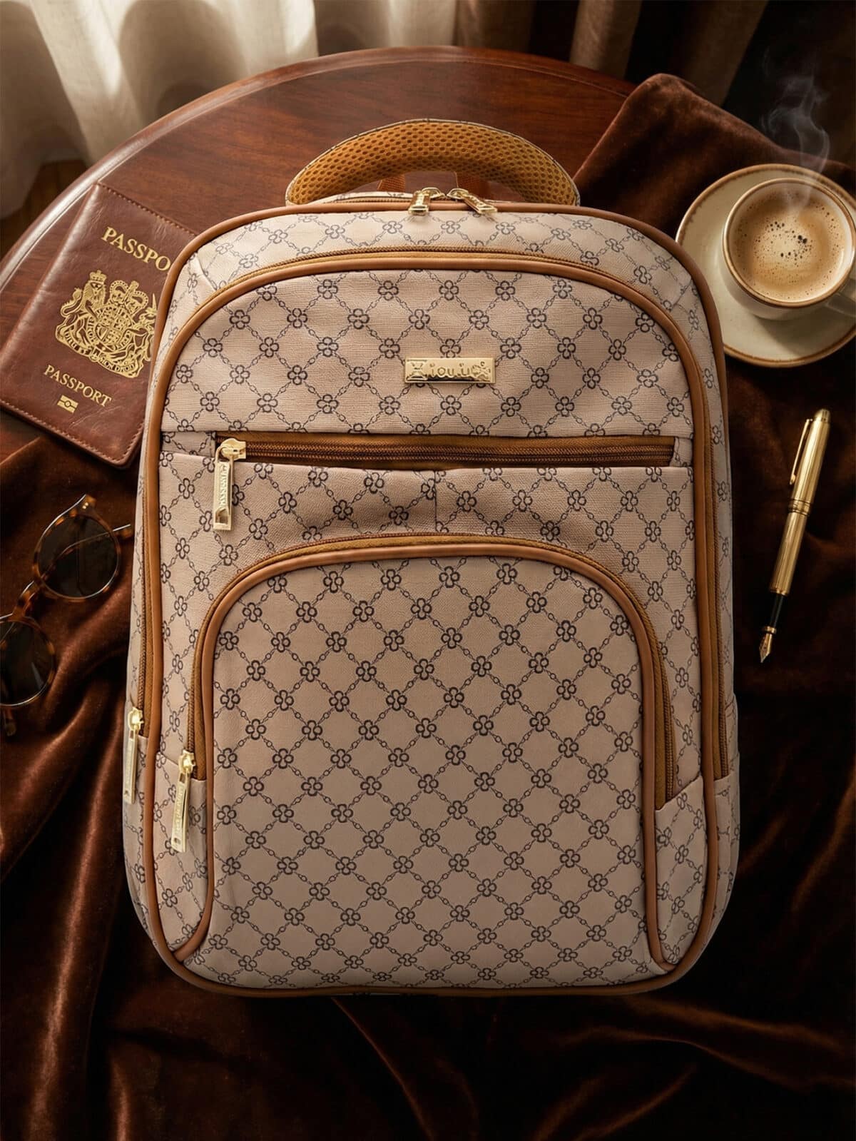 Mochila Vintage Estampa Monograma Elegante Grande Capacidade Casual Chic - Imagem 8