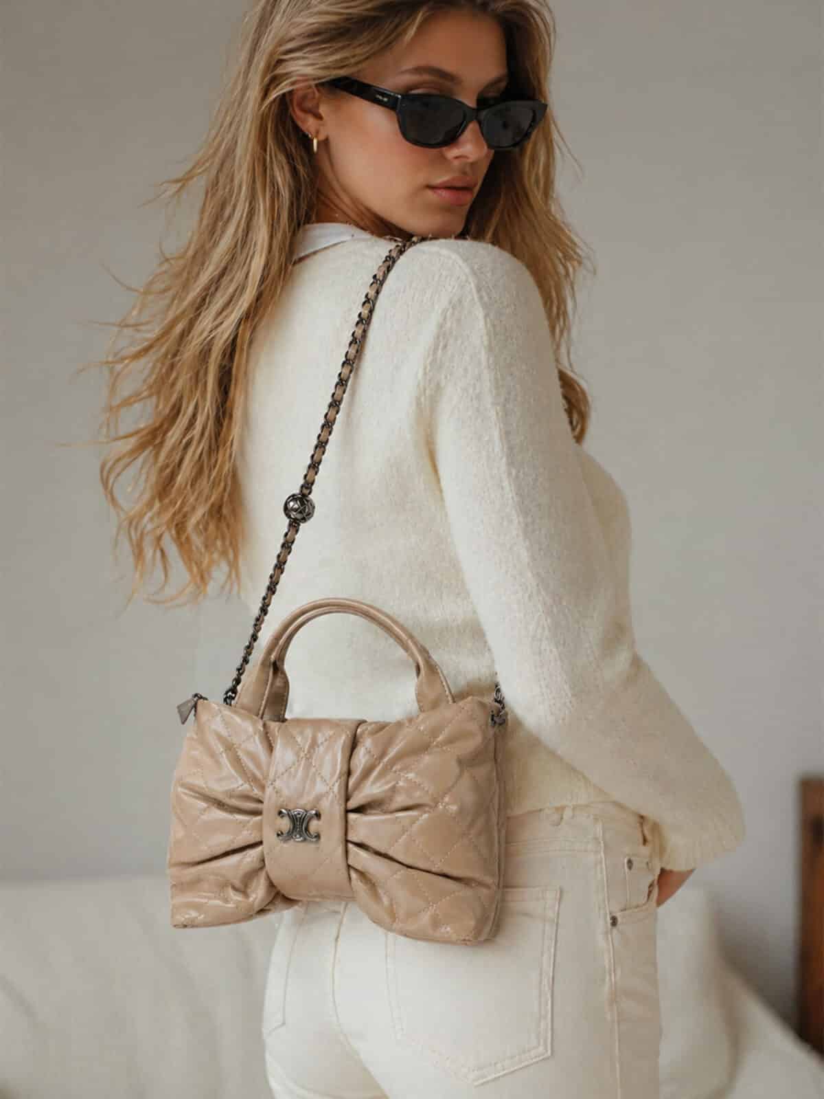 Bolsa Feminina Formato De Laço Matelassê Luxo Blogueira Alça De Corrente - Imagem 6