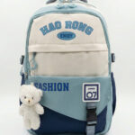 Mochila De Costas Colorblock Lettering Harajuku Grande Capacidade Com Ursinho De Pelúcia
