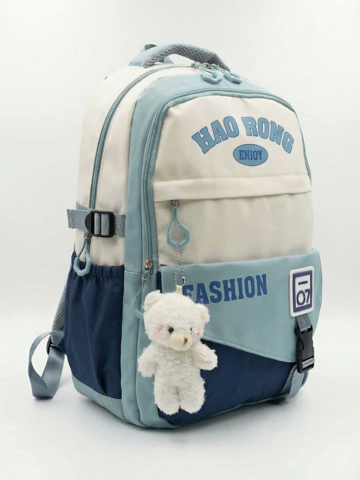 Mochila De Costas Colorblock Lettering Harajuku Grande Capacidade Com Ursinho De Pelúcia - Imagem 2