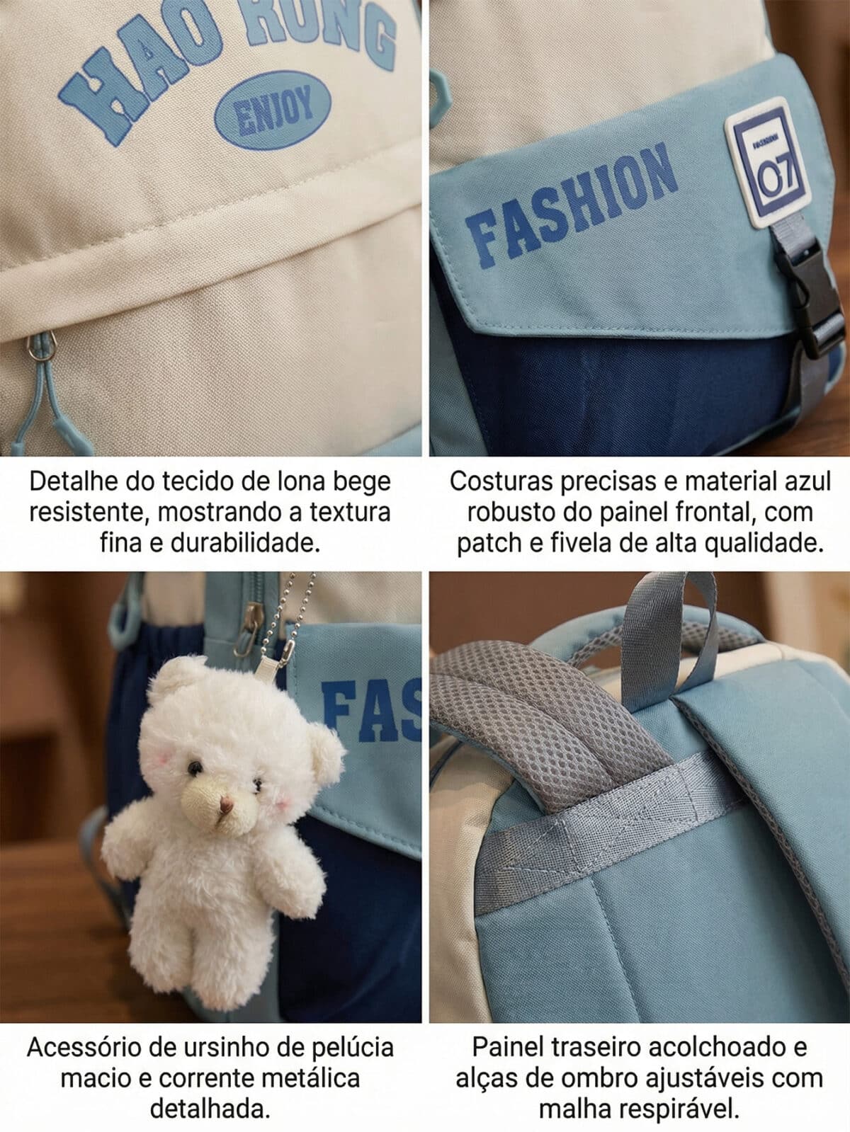 Mochila De Costas Colorblock Lettering Harajuku Grande Capacidade Com Ursinho De Pelúcia - Imagem 6