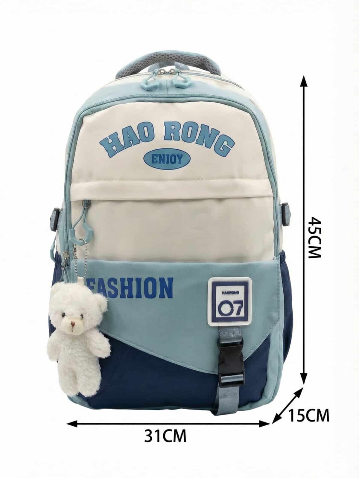 Mochila De Costas Colorblock Lettering Harajuku Grande Capacidade Com Ursinho De Pelúcia - Imagem 7