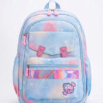 Mochila De Costas Soft Girl Estampa Galáxia Pastel Detalhe Holográfico Multi Bolsos Abertura 180 Graus
