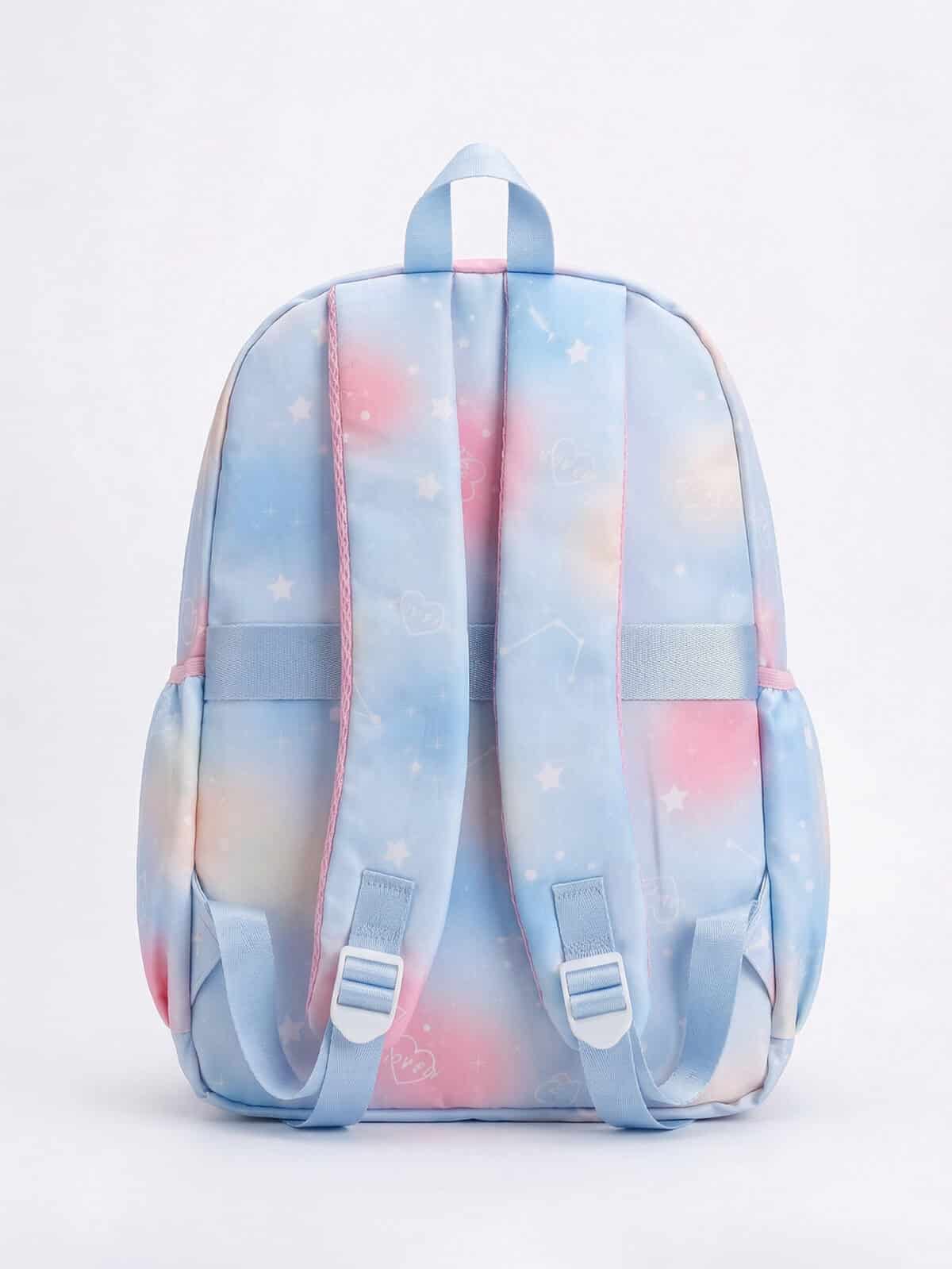 Mochila De Costas Soft Girl Estampa Galáxia Pastel Detalhe Holográfico Multi Bolsos Abertura 180 Graus - Imagem 3