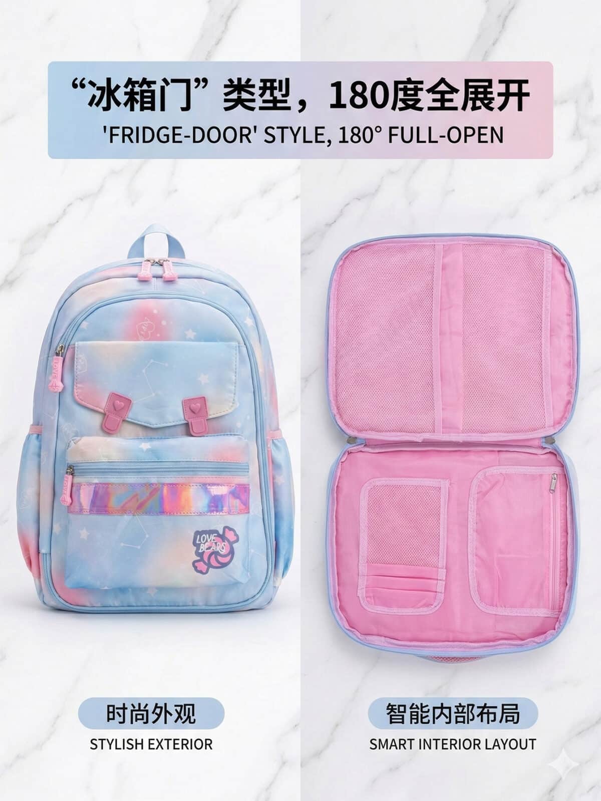 Mochila De Costas Soft Girl Estampa Galáxia Pastel Detalhe Holográfico Multi Bolsos Abertura 180 Graus - Imagem 6