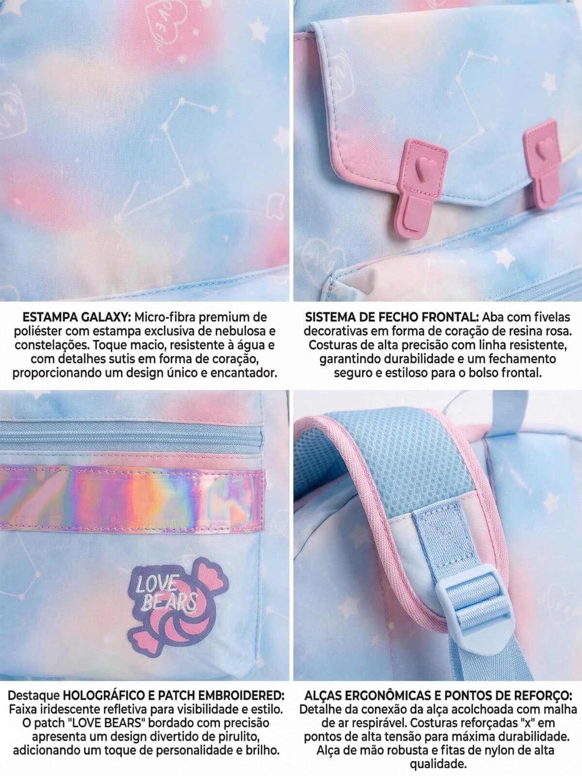 Mochila De Costas Soft Girl Estampa Galáxia Pastel Detalhe Holográfico Multi Bolsos Abertura 180 Graus - Imagem 7