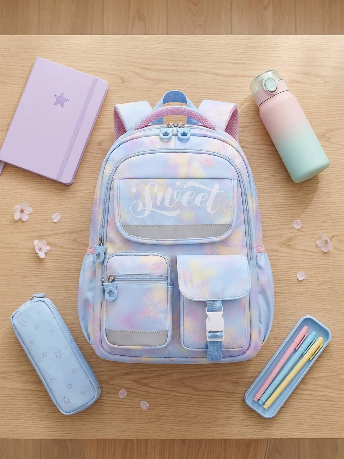 Mochila De Costas Kawaii Soft Girl Estampa Tie Dye Pastel Multi Bolsos Grande Capacidade - Imagem 4