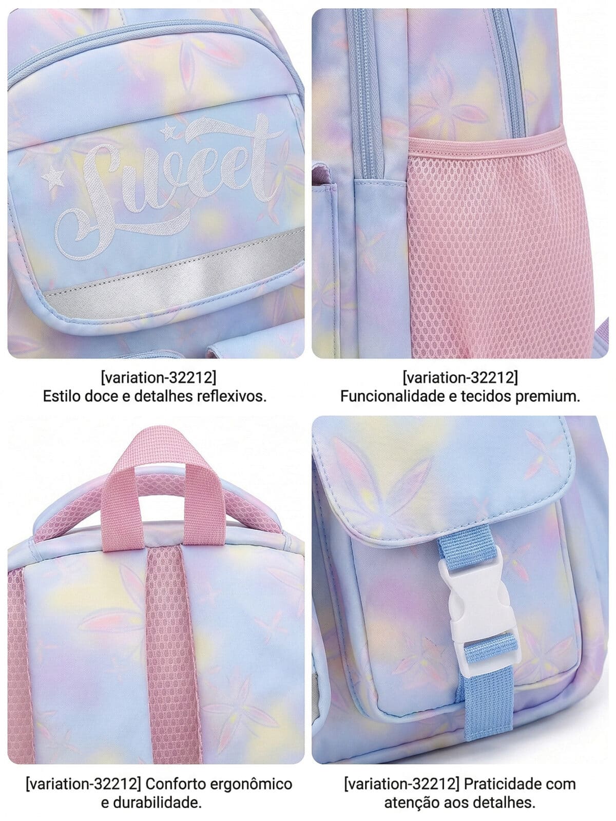 Mochila De Costas Kawaii Soft Girl Estampa Tie Dye Pastel Multi Bolsos Grande Capacidade - Imagem 5