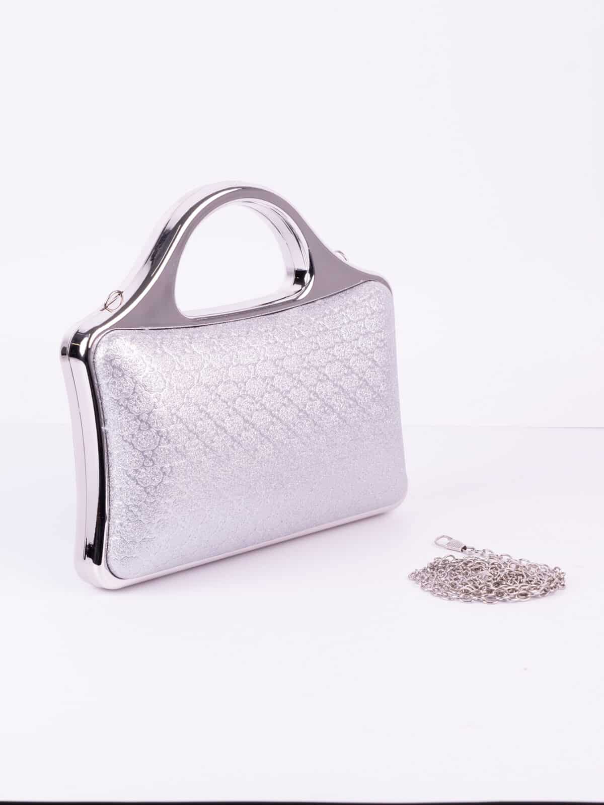 Bolsa de Mão Clutch Prata Rígida com Alça Fixa Metálica Festa Madrinha Casamento Formatura Luxo - Imagem 5