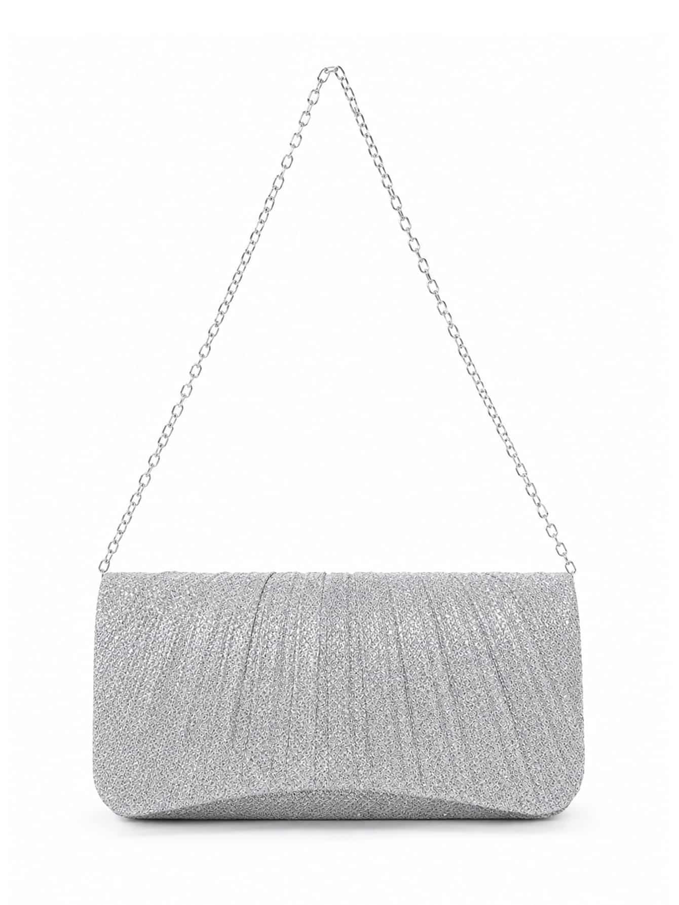 C600-18-Prata-01 Bolsa Feminina Clutch De Festa Com Brilho Elegante Luxo Alça Corrente Removível C600-18 - Imagem 1