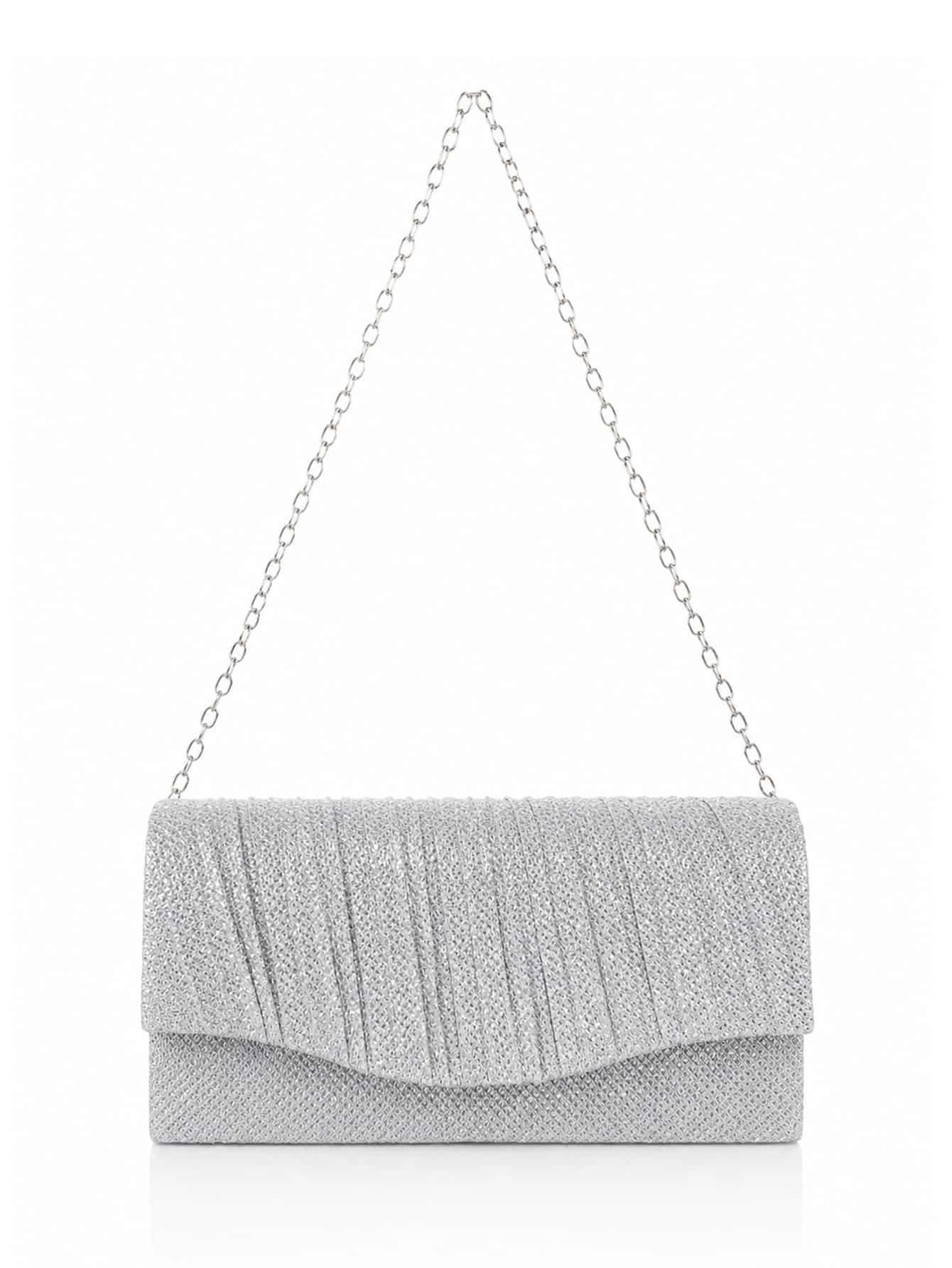C600-19-Prata-01 Bolsa Feminina Clutch De Festa Com Brilho Elegante Luxo Alça Corrente Removível C600-19 - Imagem 1