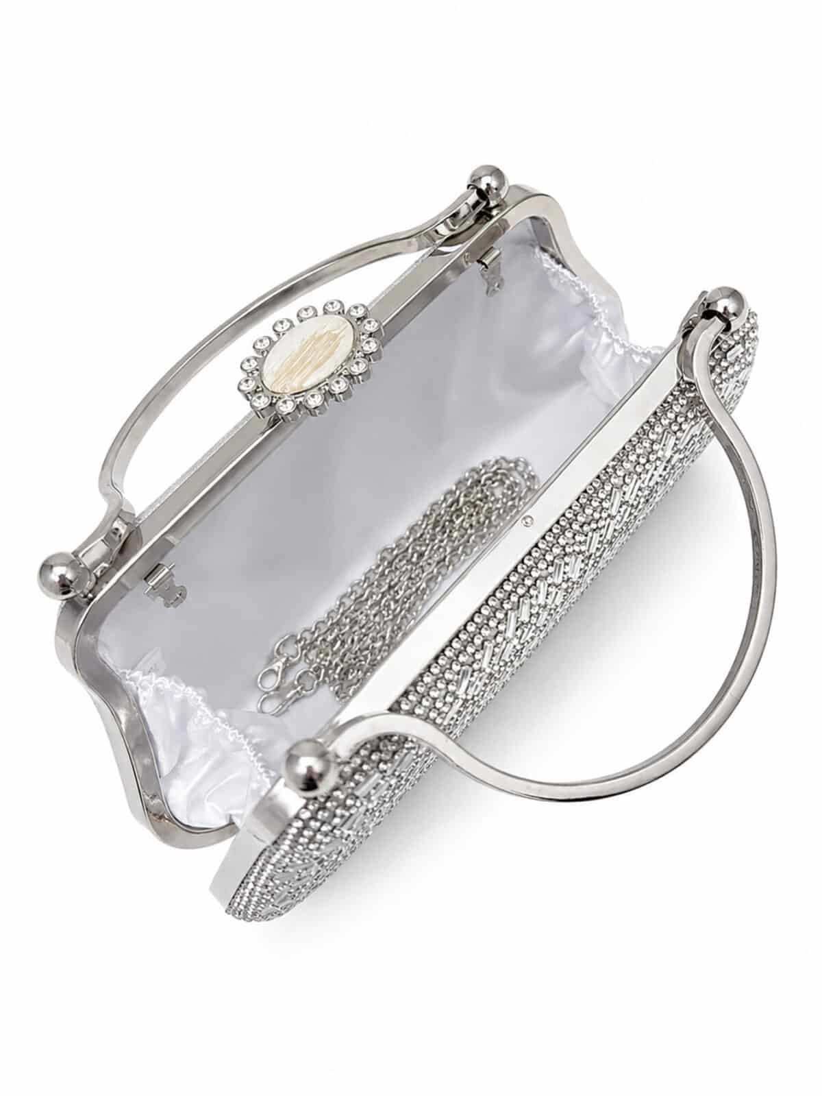 Bolsa Feminina Clutch De Festa Prata Luxo Cristais Strass Casamento Formatura - Imagem 6