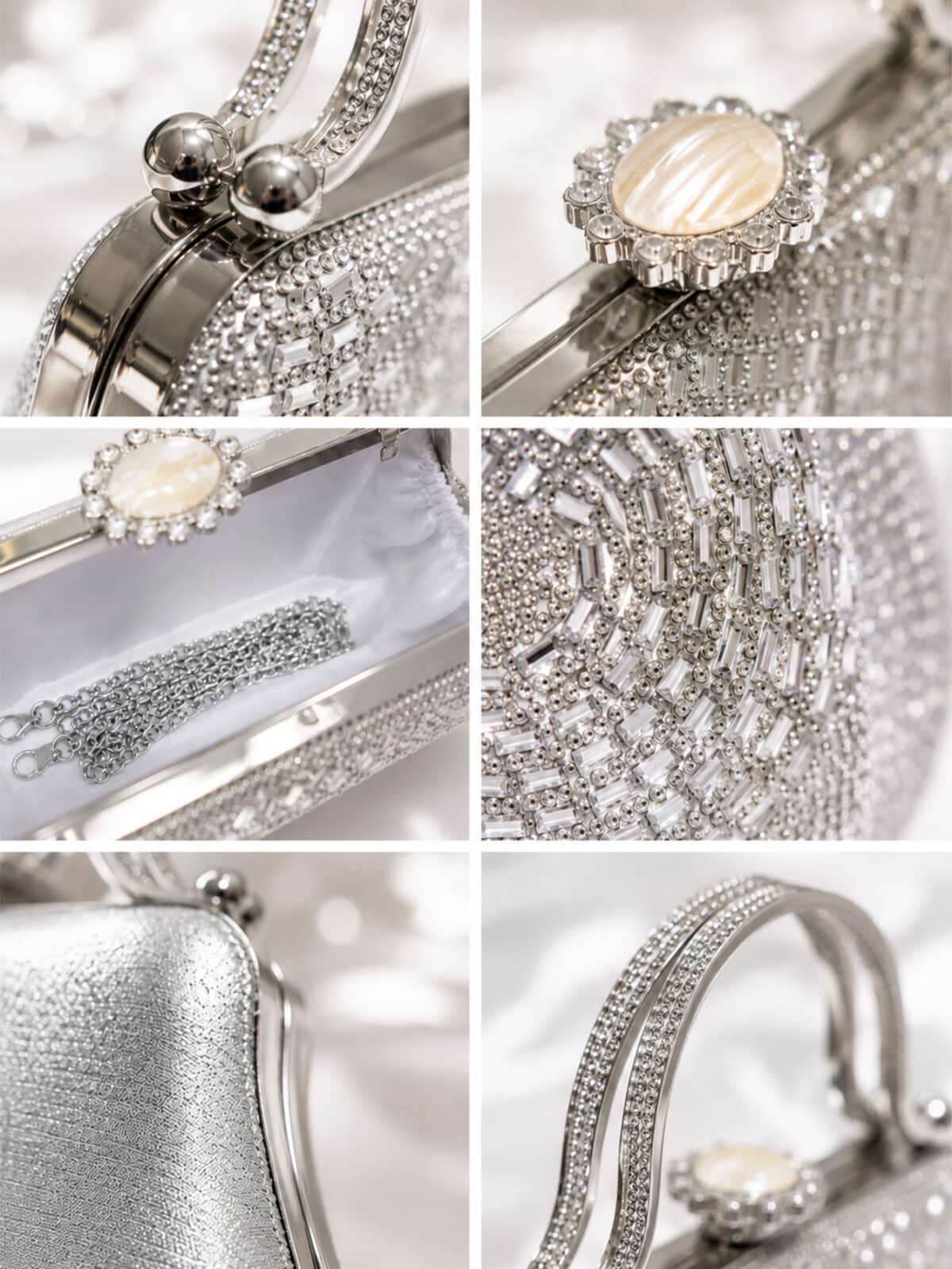 Bolsa Feminina Clutch De Festa Prata Luxo Cristais Strass Casamento Formatura - Imagem 7