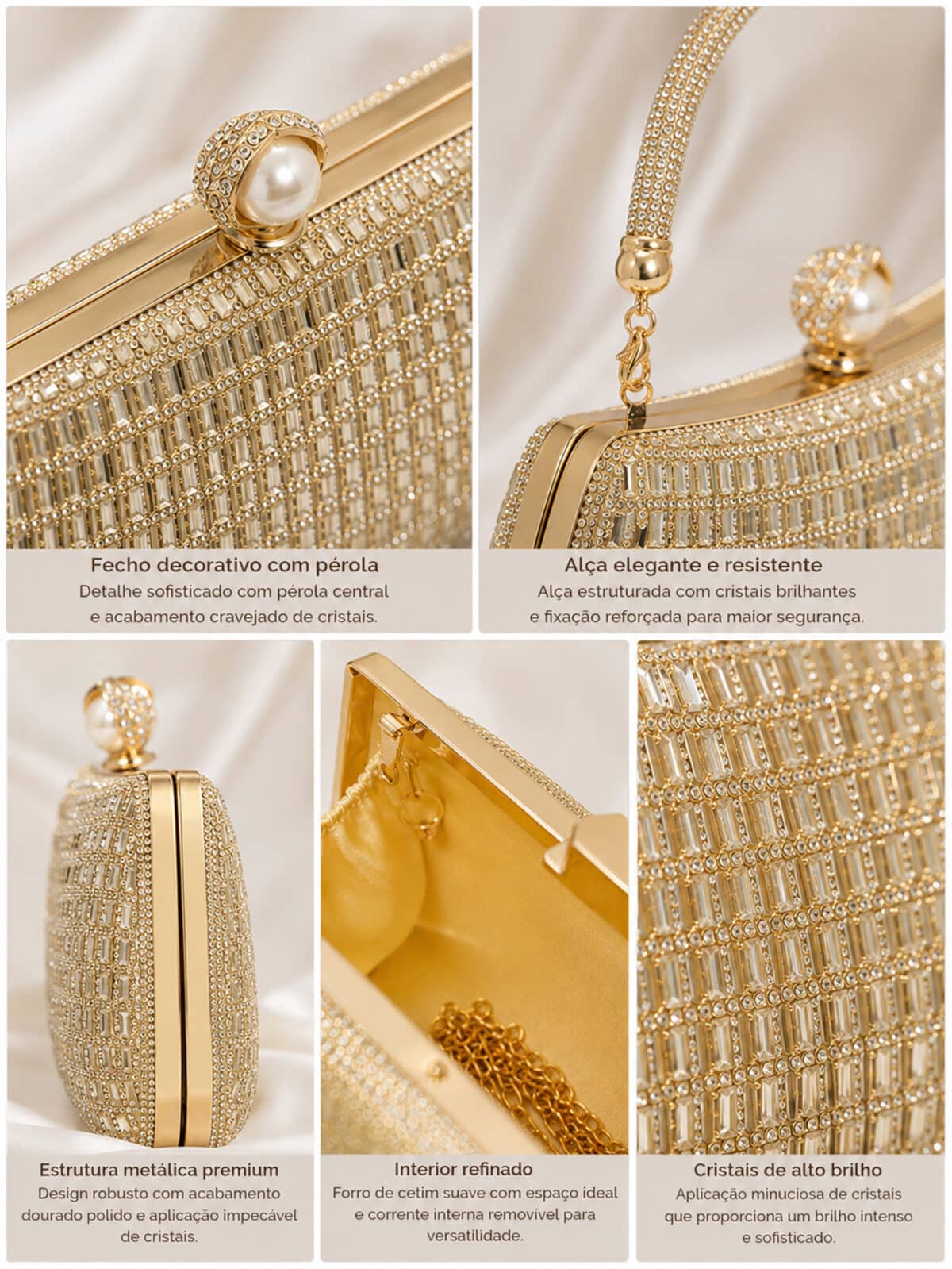 Bolsa Feminina Clutch Luxo Festa Casamento Madrinha Cristais Brilho Frente E Verso C600-26 - Imagem 6